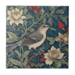 William Morris style Right Mockingbird Bird floral Tile<br><div class="desc">"classy classic art nouveau",  "Northern Mockingbird mocking Bird",  "sage green woodland animals",  "william morris ceramic tile",  "leafy dark navy blue",  "stylish red forest tree leaves",  "right facing vintage birds",  "wildlife garden animal on branch",  "nature floral flower botanical",  "leaf flowers traditional antique"</div>