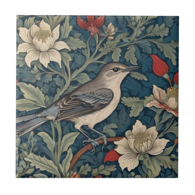 William Morris style Right Mockingbird Bird floral Tile (Front)