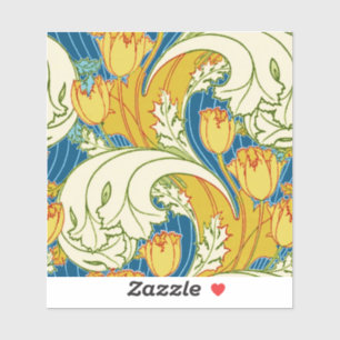 William Morris Style Teal & Gold Tulip Floral Art