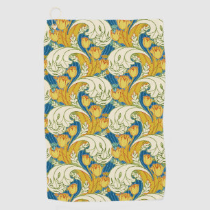 William Morris Style Teal & Gold Tulip Floral Art Golf Towel