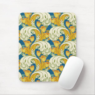 William Morris Style Teal & Gold Tulip Floral Art Mouse Mat