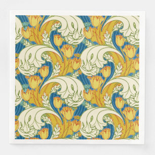 William Morris Style Teal & Gold Tulip Floral Art Napkin