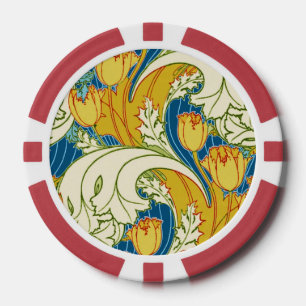 William Morris Style Teal & Gold Tulip Floral Art Poker Chips