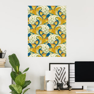 William Morris Style Teal & Gold Tulip Floral Art Poster