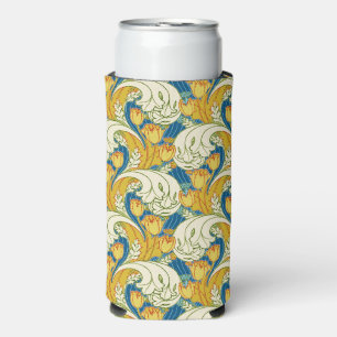 William Morris Style Teal & Gold Tulip Floral Art Seltzer Can Cooler