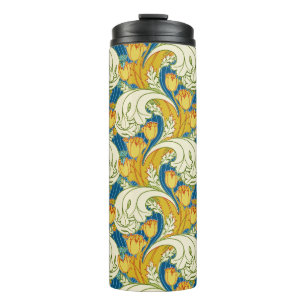 William Morris Style Teal & Gold Tulip Floral Art Thermal Tumbler