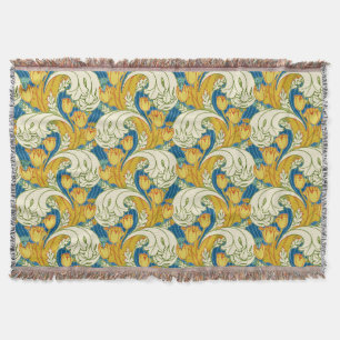 William Morris Style Teal & Gold Tulip Floral Art Throw Blanket