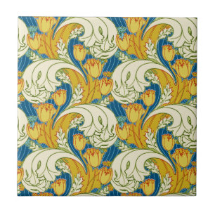William Morris Style Teal & Gold Tulip Floral Art Tile