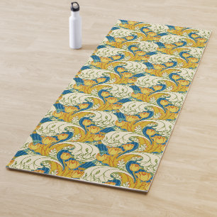 William Morris Style Teal & Gold Tulip Floral Art Yoga Mat