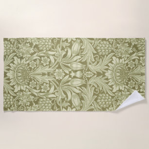 William Morris Sunflower Green Flower  Beach Towel