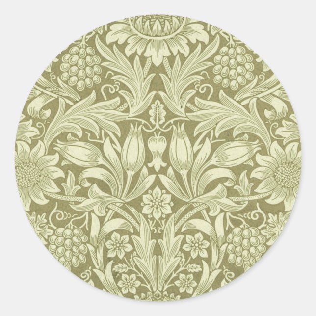 William Morris Sunflower Green Flower  Classic Round Sticker (Front)