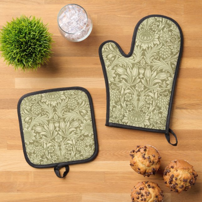 William Morris Sunflower Green Flower  Oven Mitt & Pot Holder Set (Top Down)