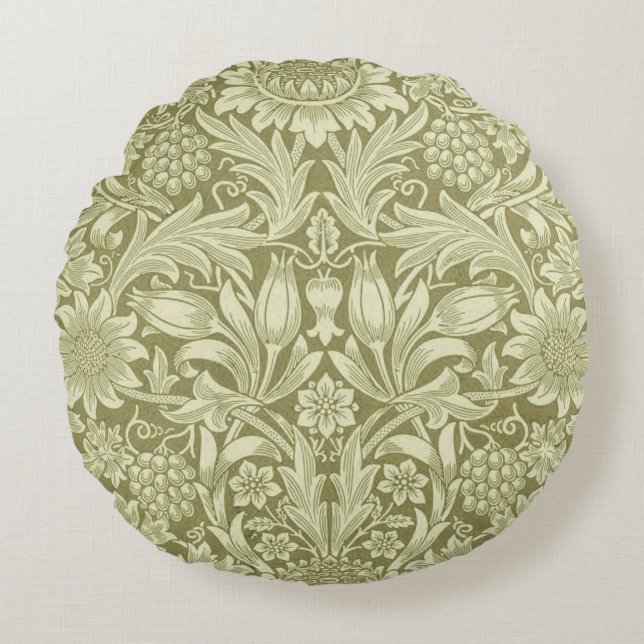 William Morris Sunflower Green Flower  Round Cushion (Front)