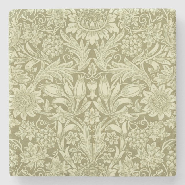 William Morris Sunflower Green Flower  Stone Coaster (Front)