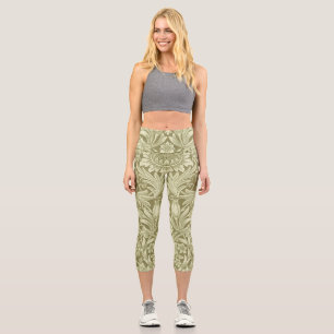 William Morris Sunflower Vintage Olive Damask Capri Leggings
