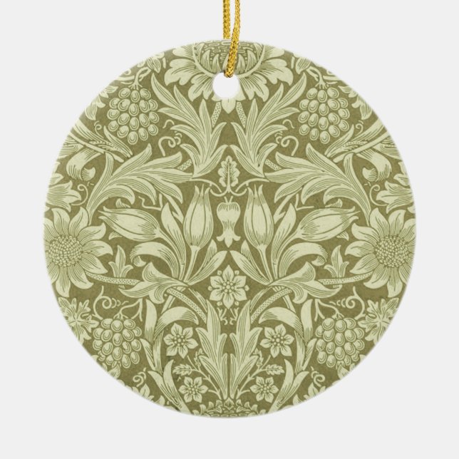 William Morris Sunflower Vintage Olive Damask Ceramic Tree Decoration (Front)