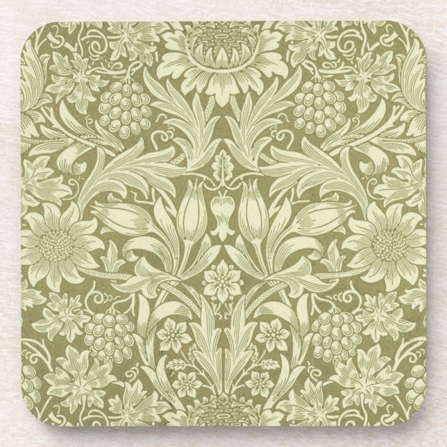 William Morris Sunflower Vintage Olive Damask Coaster (Front)