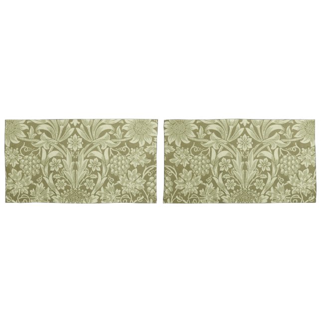 William Morris Sunflower Vintage Olive Damask Pillowcase (Front-Set)