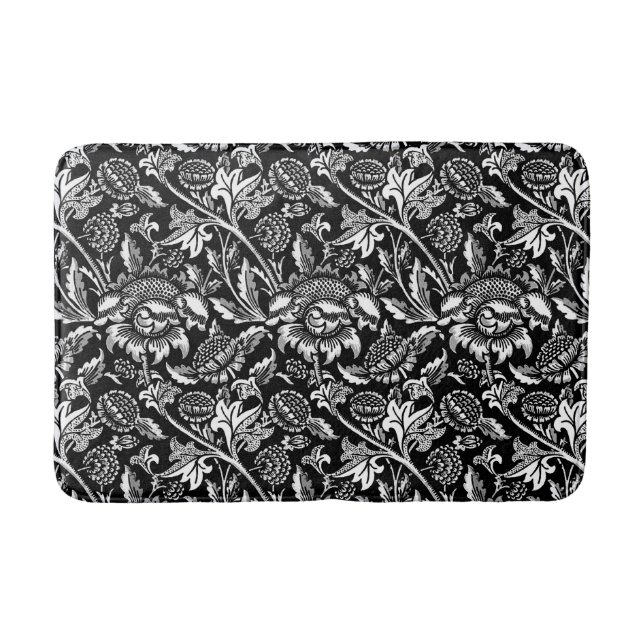 William Morris Sunflowers, Black and White Bath Mat (Front)