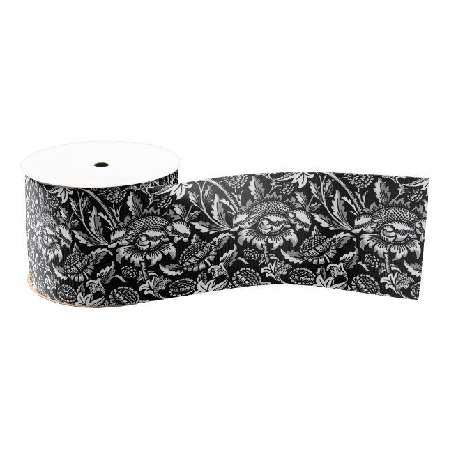 William Morris Sunflowers, Black, White with Gray Grosgrain Ribbon (Spool)