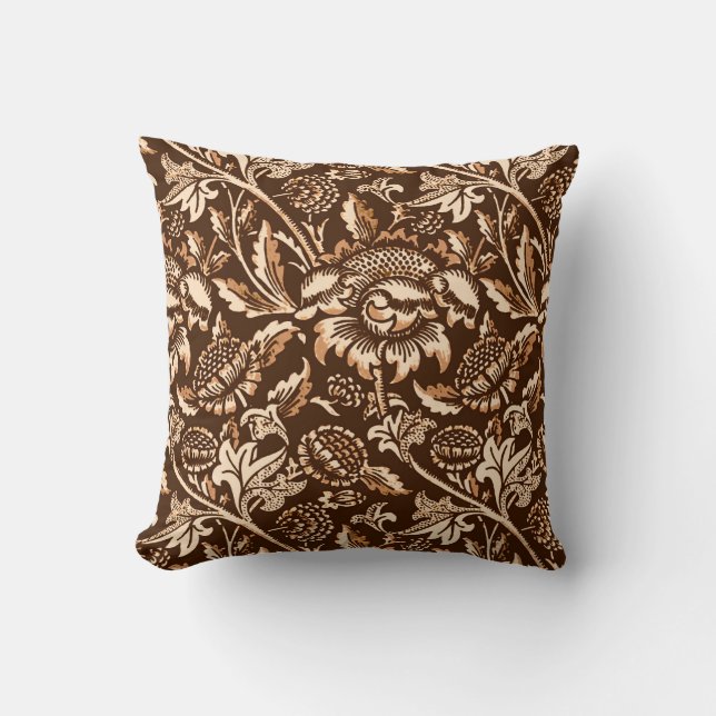 William Morris Sunflowers, Chocolate Brown & Beige Cushion (Front)
