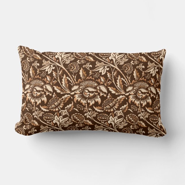 William Morris Sunflowers, Chocolate Brown & Beige Lumbar Cushion (Front)
