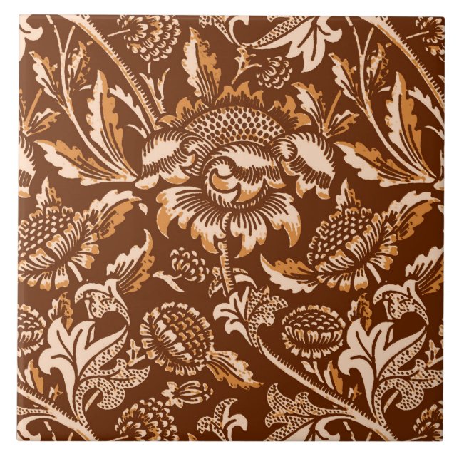William Morris Sunflowers, Chocolate Brown & Beige Tile (Front)