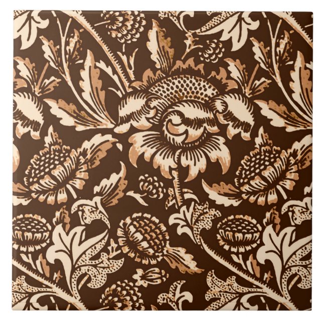 William Morris Sunflowers, Chocolate Brown & Beige Tile (Front)