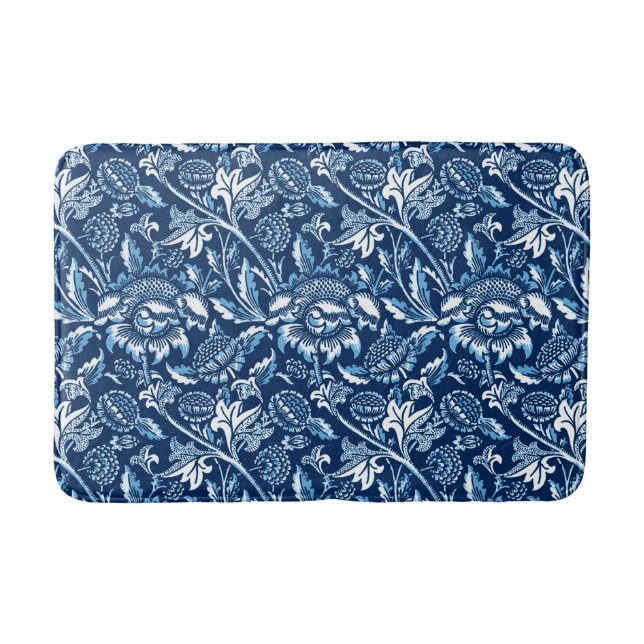 William Morris Sunflowers, Dark Blue and White Bath Mat (Front)