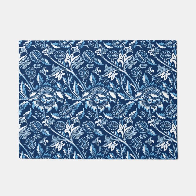 William Morris Sunflowers, Dark Blue and White Doormat (Front)