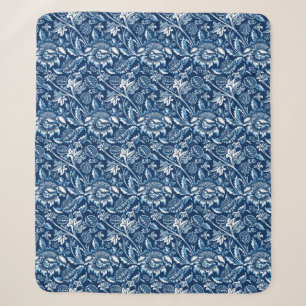William Morris Sunflowers, Dark Blue and White Sherpa Blanket