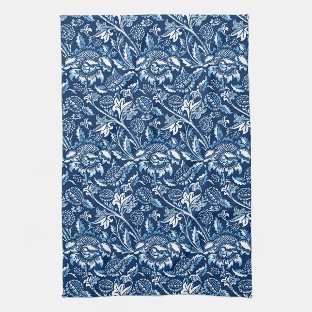 William Morris Sunflowers, Dark Blue and White Tea Towel (Vertical)