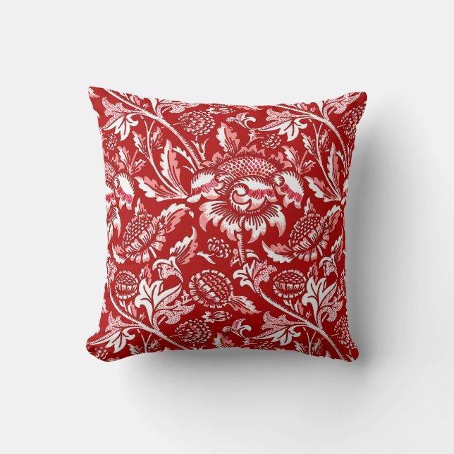 William Morris Sunflowers, Deep Red and White Cushion (Front)