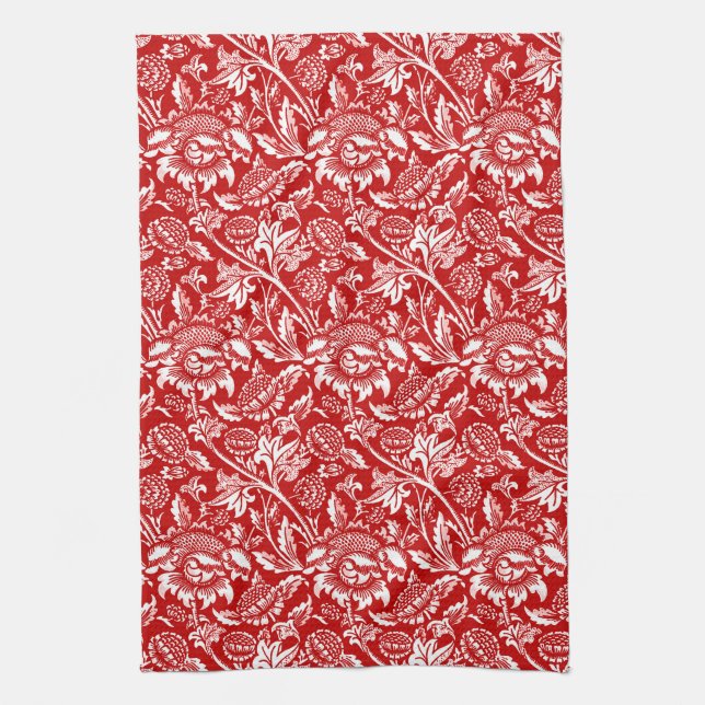 William Morris Sunflowers,  Deep Red and White Tea Towel (Vertical)