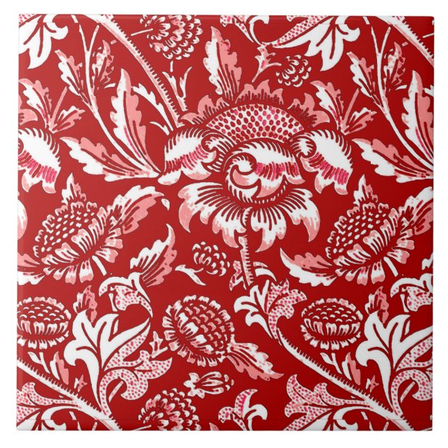 William Morris Sunflowers, Deep Red and White Tile (Front)