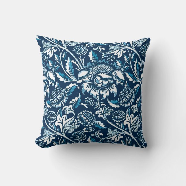 William Morris Sunflowers, Navy Blue and White Cushion (Front)