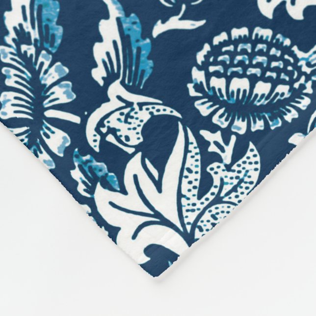 William Morris Sunflowers, Navy Blue and White Fleece Blanket (Corner)