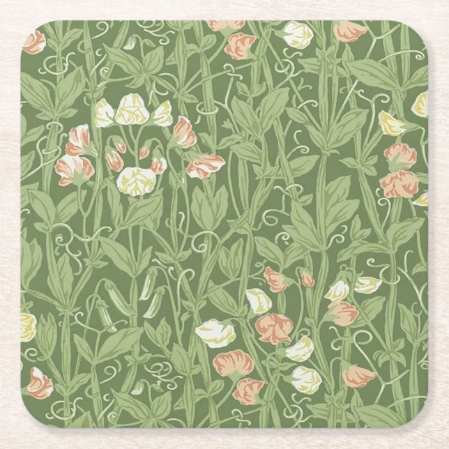 William Morris Sweet Pea Floral Design Square Paper Coaster (Front)