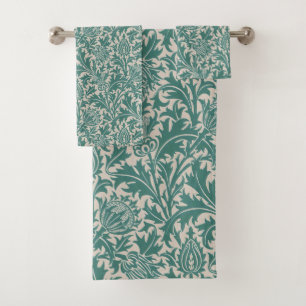 William Morris Teal Blue Thistle Vintage Wallpaper Bath Towel Set