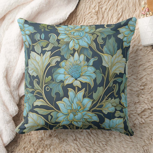 William Morris Teal Flowers  Cushion (Blanket)