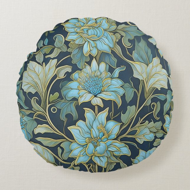 William Morris Teal Flowers Round Cushion (Front)
