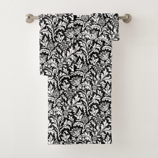 William Morris Thistle Damask, Black and White Bath Towel Set (Insitu)
