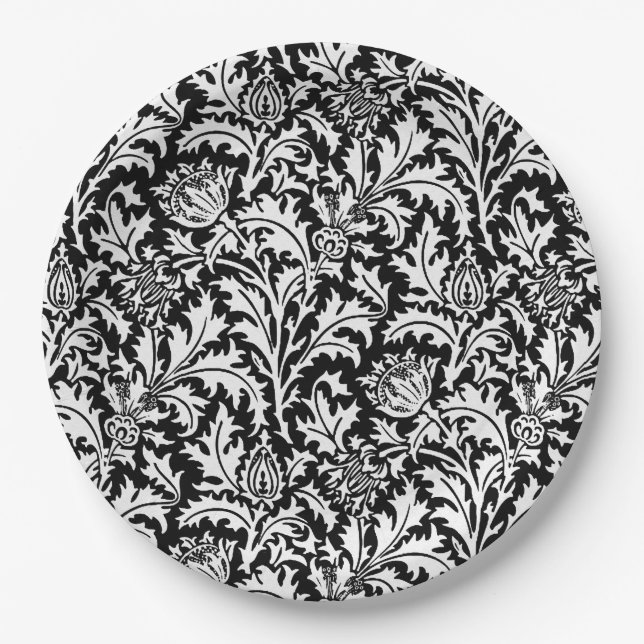 William Morris Thistle Damask, Black and White   Paper Plate (Front)