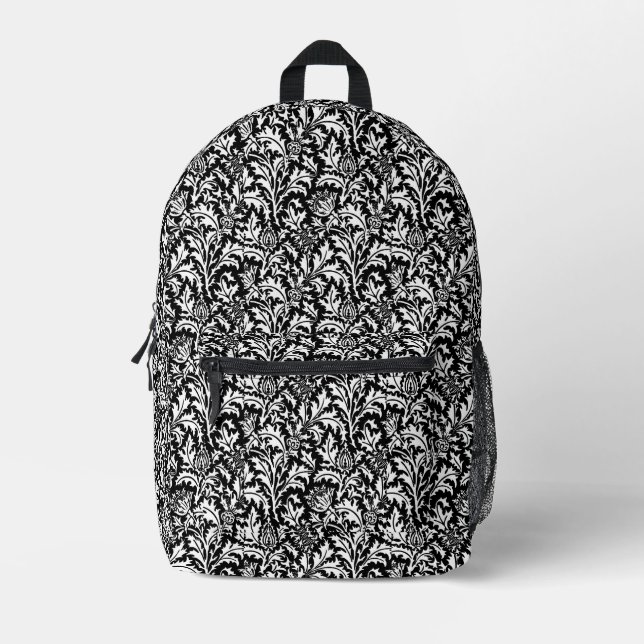 William Morris Thistle Damask, Black and White  Printed Backpack (Front)