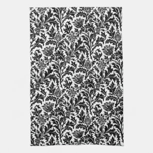 William Morris Thistle Damask, Black on White   Tea Towel