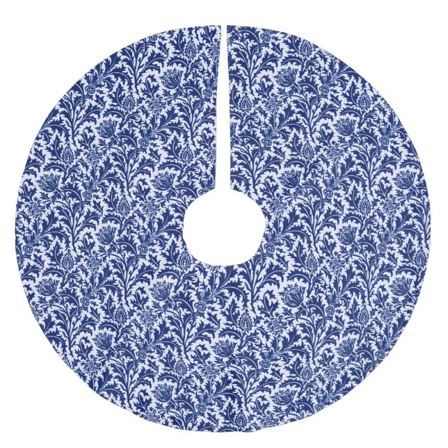 William Morris Thistle Damask, Cobalt Blue & White Brushed Polyester Tree Skirt (Front)