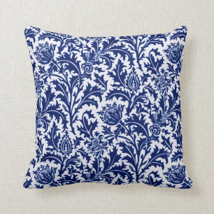 William Morris Thistle Damask, Cobalt Blue & White Cushion