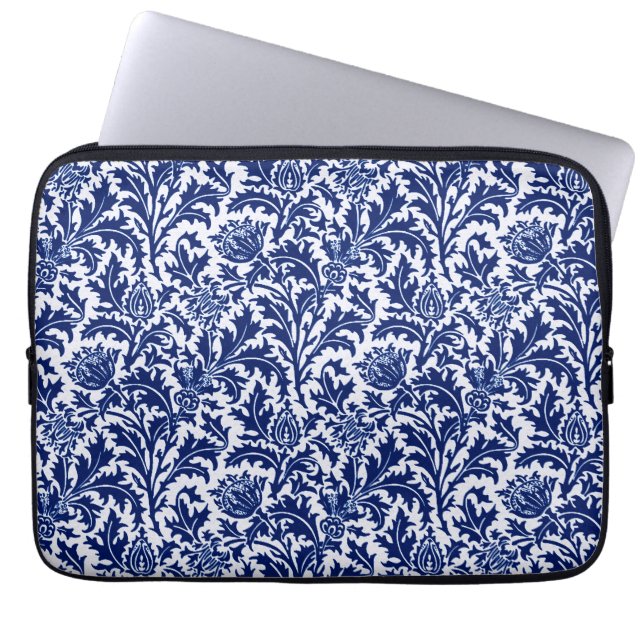 William Morris Thistle Damask, Cobalt Blue & White Laptop Sleeve (Front)