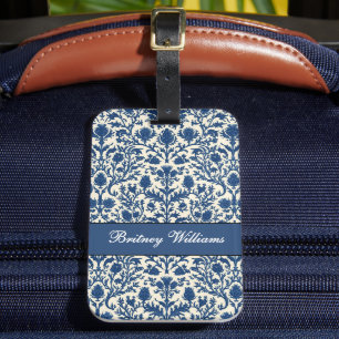 William Morris Thistle damask Cobalt Blue & White Luggage Tag