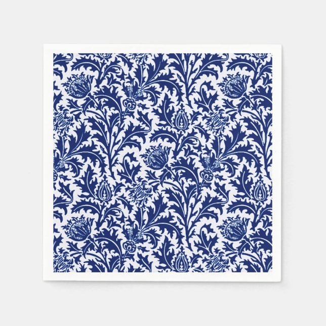 William Morris Thistle Damask, Cobalt Blue & White Napkin (Front)